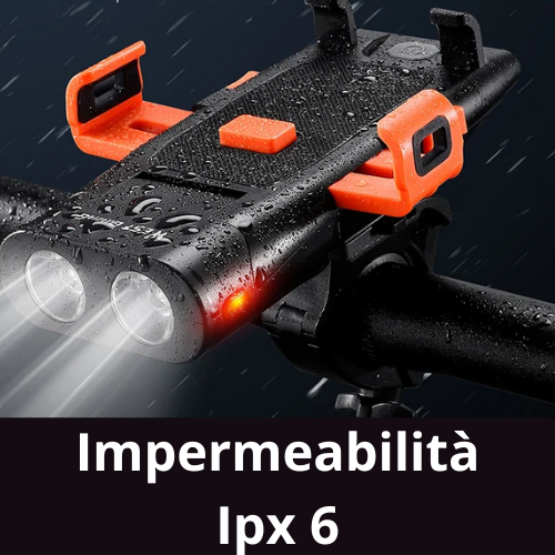 Luce anteriore per bicicletta a LED. 5 in 1, luce, clacson, supporto per telefono, power bank, ricaricabile tramite USB.