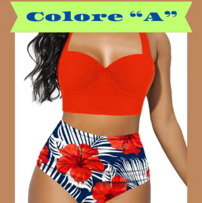Costume bichini, set 2 pezzi a fascia larga, da donna. Push-up con stampa floreale: eleganza, dinamismo, comfort.