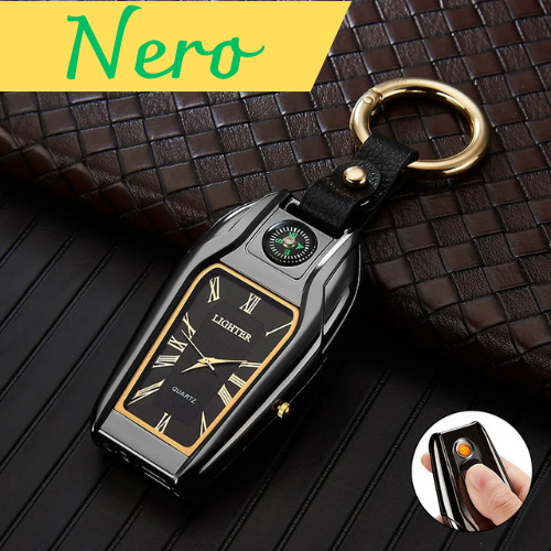 Portachiavi multifunzionale con bussola, orologio, accendino ad arco. Ricaricabile USB , colore a scelta.