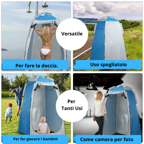 Tenda da “toelette” per spiaggia/campeggio/sport. Apertura rapida, impermeabile, porta con cerniera.