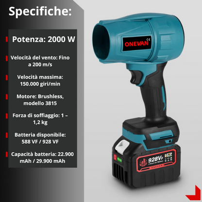 Soffiatore/Ventilatore elettrico turbo a batteria da 18 V. senza spazzole Potenza 2000W 200M/S, ideale per la rimozione di polvere, foglie.