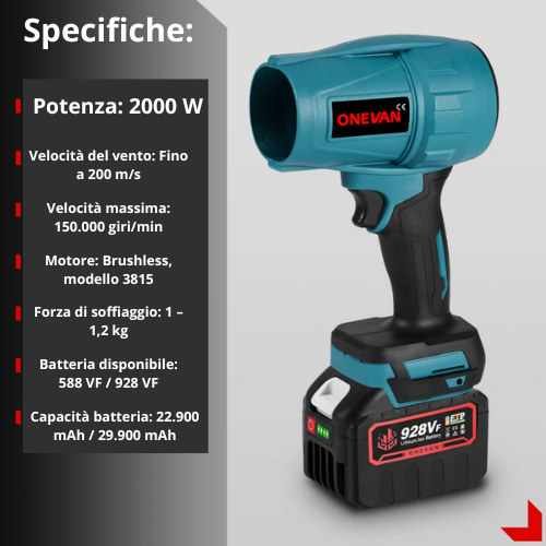 Soffiatore/Ventilatore elettrico turbo a batteria da 18 V. senza spazzole Potenza 2000W 200M/S, ideale per la rimozione di polvere, foglie.