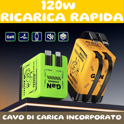 Caricabatterie ultra-veloce GaN 120W con cavo Lightning retrattile di tipo C, adattatore di ricarica rapida per iPhone 16, iPad, Samsung, Huawei.