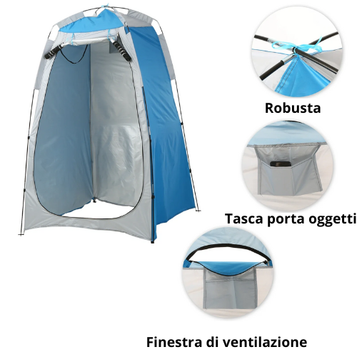 Tenda da “toelette” per spiaggia/campeggio/sport. Apertura rapida, impermeabile, porta con cerniera.