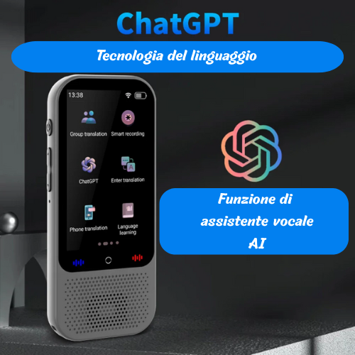 Traduzione portatile S80 Pro. Traduzione vocale in 138 lingue, 19 traduzioni offline, funzione ChatGPT. Fotocamera 5 mp, ricarica type C.