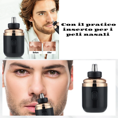 Mini-Rasoio Elettrico Rotante – Ricaricabile via USB | Lama Autoaffilante a Doppio Anello con Tagliapeli per Naso e Accessori.