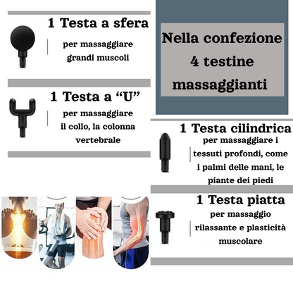 Massaggiatore a pistola con 4 testine cambiabili. Sollievo Muscolare Profondo, Sempre a Portata di Mano. Velocità regolabile a Sei Marce.