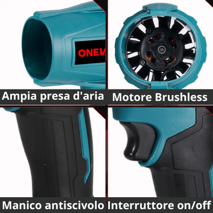 Soffiatore/Ventilatore elettrico turbo a batteria da 18 V. senza spazzole Potenza 2000W 200M/S, ideale per la rimozione di polvere, foglie.