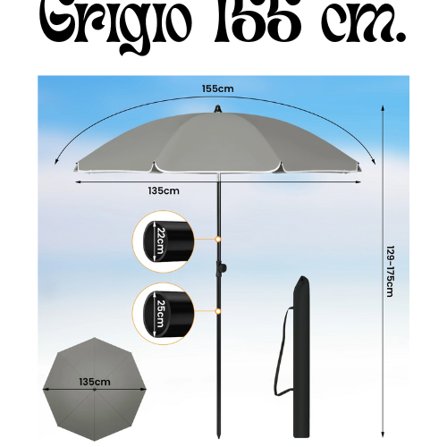 Round Beach Balcony Umbrella UV-Resistant Waterproof Height- Adjustable 45° Bendable Parasol for Sun Protection Garden Patio