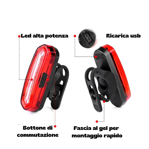 Luce anteriore/posteriore per bicicletta. Impermeabile, ricaricabile tramite USB.