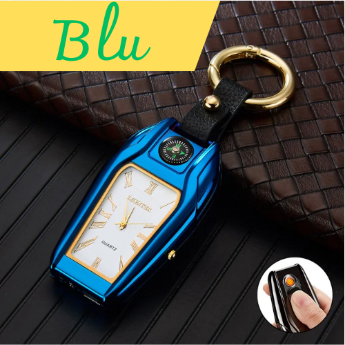 Portachiavi multifunzionale con bussola, orologio, accendino ad arco. Ricaricabile USB , colore a scelta.