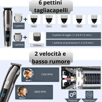 Tagliacapelli Multifunzione Ricaricabile. Kit Completo per Rasatura di Tutto il Corpo. Schermo LCD. Kit per la Cura dei Capelli, Barba e Peli.