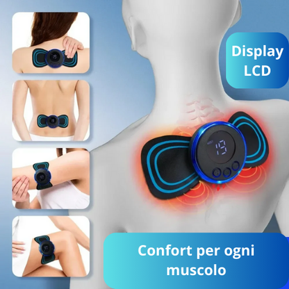 Massaggiatore portatile EMS con display LCD. Per collo, per spalle, vita e gambe. Kit con fascia, elettrodi e telecomando.