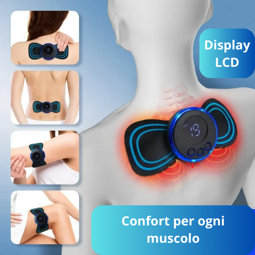 Massaggiatore portatile EMS con display LCD. Per collo, per spalle, vita e gambe. Kit con fascia, elettrodi e telecomando.