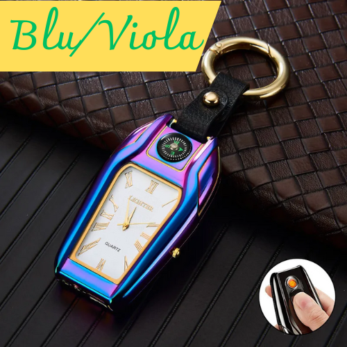 Portachiavi multifunzionale con bussola, orologio, accendino ad arco. Ricaricabile USB , colore a scelta.