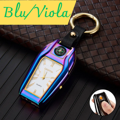 Portachiavi multifunzionale con bussola, orologio, accendino ad arco. Ricaricabile USB , colore a scelta.