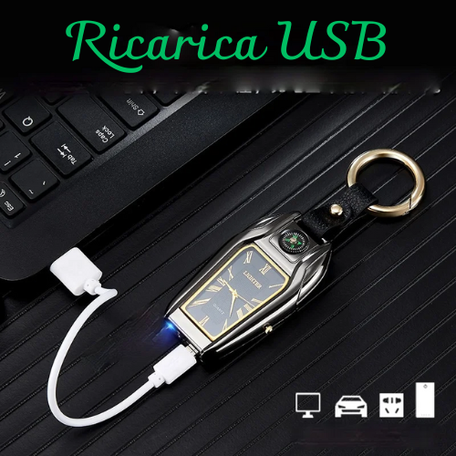 Portachiavi multifunzionale con bussola, orologio, accendino ad arco. Ricaricabile USB , colore a scelta.