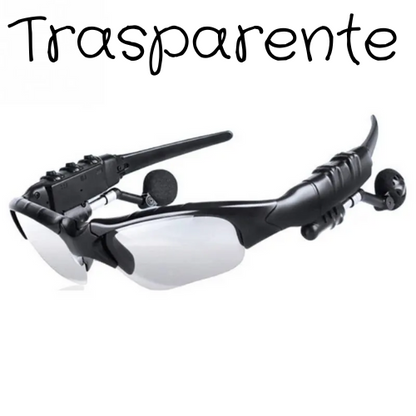 Occhiali con cuffie stereo antirumore, wireless con microfono. Da sole, per guida, ciclismo, sport.