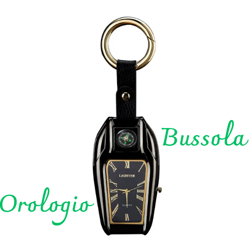 Portachiavi multifunzionale con bussola, orologio, accendino ad arco. Ricaricabile USB , colore a scelta.