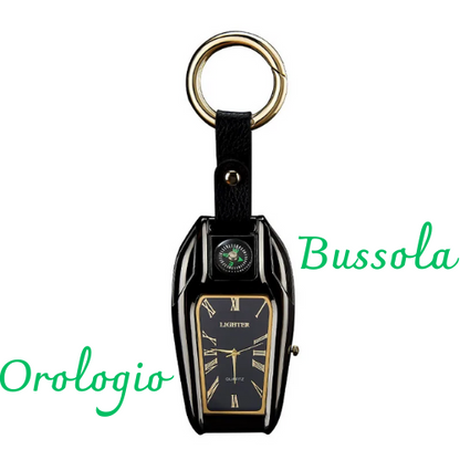 Portachiavi multifunzionale con bussola, orologio, accendino ad arco. Ricaricabile USB , colore a scelta.