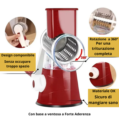 Affettaverdure Manuale Rotante in Acciaio Inox con 3 Lame Intercambiabili – Colori Blu o Rosso.