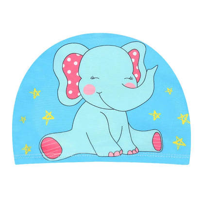 Cuffia da nuoto per bambini. Protezione per capelli e per orecchie in tessuto elastico. Con immagini di cartoni animati.