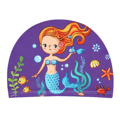 Cuffia da nuoto per bambini. Protezione per capelli e per orecchie in tessuto elastico. Con immagini di cartoni animati.