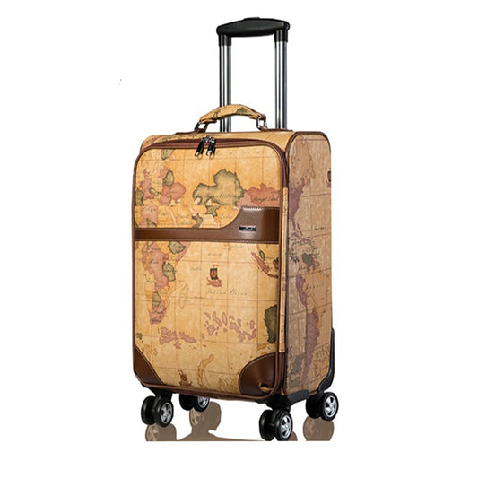 Trolley valigia di grande capacità, 2 misure disponibili, con immagine mappa terrestre su ambo i lati.