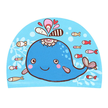 Cuffia da nuoto per bambini. Protezione per capelli e per orecchie in tessuto elastico. Con immagini di cartoni animati.