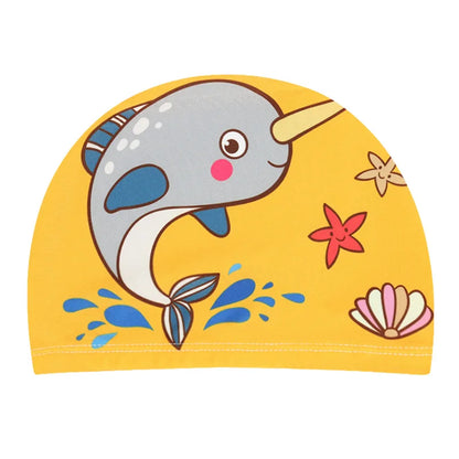 Cuffia da nuoto per bambini. Protezione per capelli e per orecchie in tessuto elastico. Con immagini di cartoni animati.