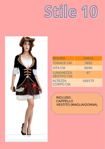 Abito pirata da donna. Ideale come costume per carnevale, cosplay, feste.