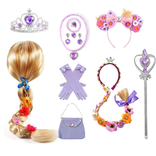 Carnevale, festa . Accessori per abito da principessa. Parrucca, corona, guanti ed altri accessori per outfit da principessa.