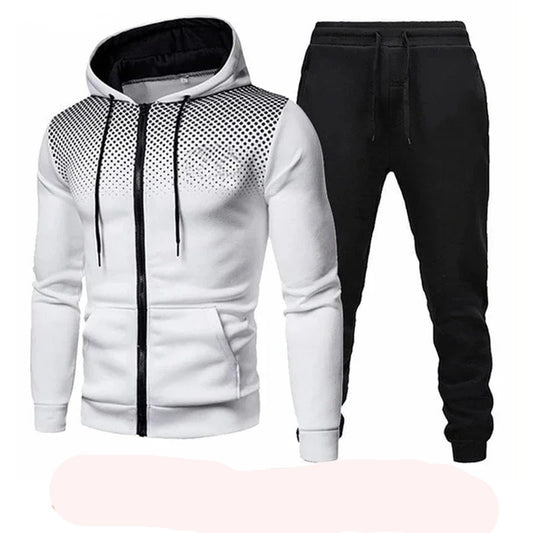 Tuta sportiva, completo due pezzi 4 stagioni: pantaloni neri e maglia 5 colori con cappuccio.