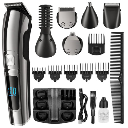 Tagliacapelli Multifunzione Ricaricabile. Kit Completo per Rasatura di Tutto il Corpo. Schermo LCD. Kit per la Cura dei Capelli, Barba e Peli.