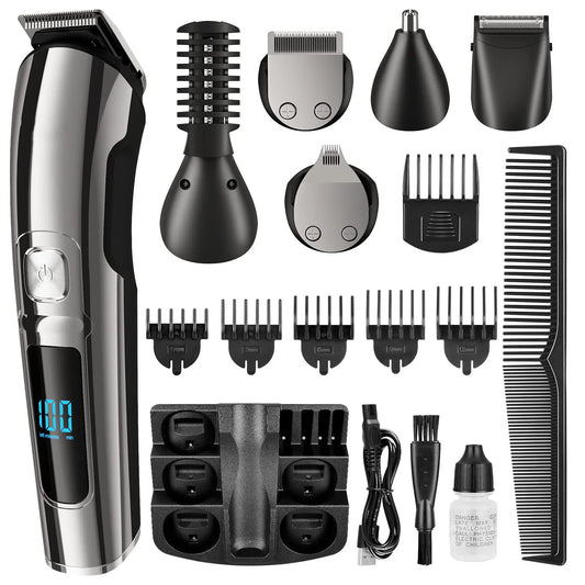 Tagliacapelli Multifunzione Ricaricabile. Kit Completo per Rasatura di Tutto il Corpo. Schermo LCD. Kit per la Cura dei Capelli, Barba e Peli.