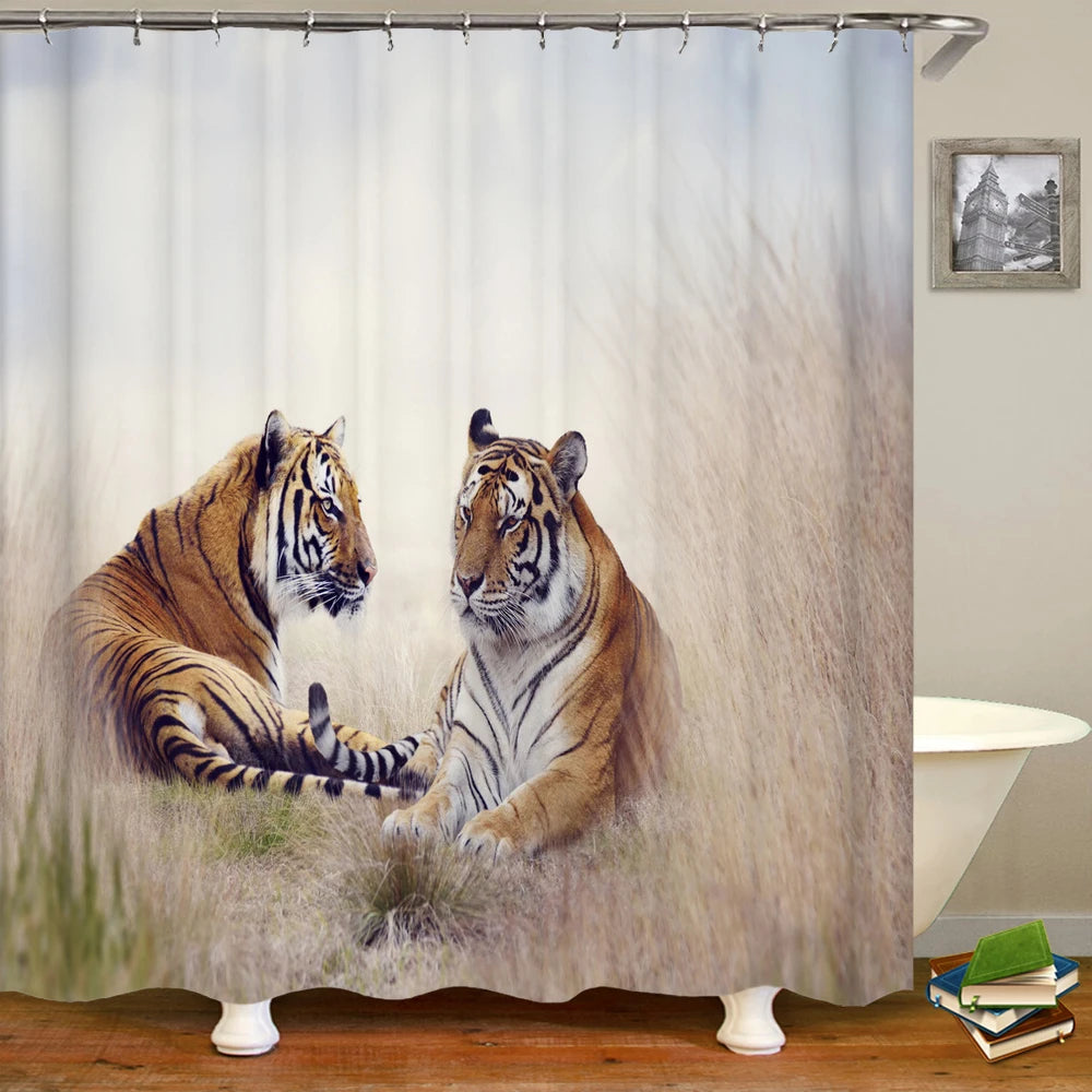 Tende da doccia in tessuto stampato con animali 3D. Tenda da bagno impermeabile con decorazioni con ganci.