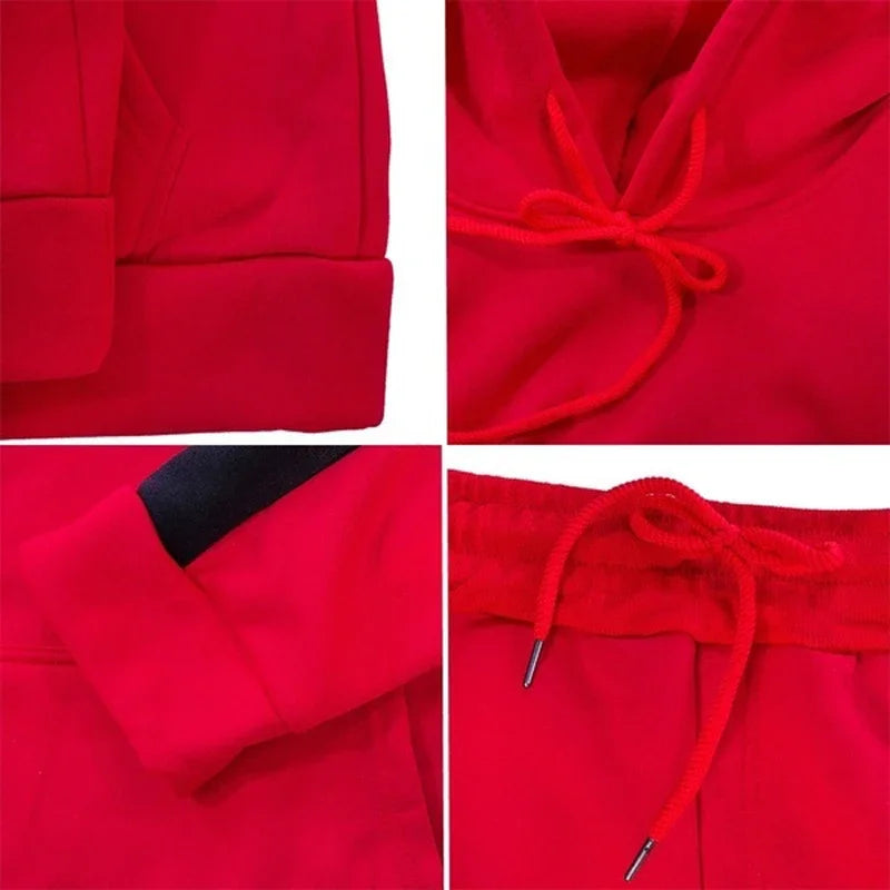 Tuta sportiva unisex autunno/inverno, completo due pezzi: pantaloni e maglia con cappuccio. Cinque colori a scelta, taglia dalla S alla 4XL.