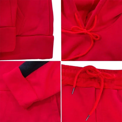Tuta sportiva unisex autunno/inverno, completo due pezzi: pantaloni e maglia con cappuccio. Cinque colori a scelta, taglia dalla S alla 4XL.