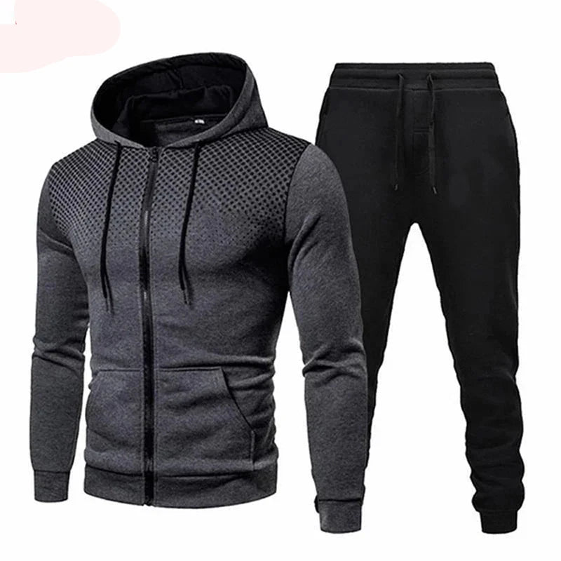 Tuta sportiva, completo due pezzi 4 stagioni: pantaloni neri e maglia 5 colori con cappuccio.