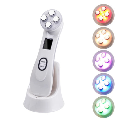 Massaggiatore Multifunzionale RF, EMS, 5 in 1 per la Bellezza del Viso.  Massaggio Rassodante e 6 Modalità di Luce LED per una Pelle Radiosa.
