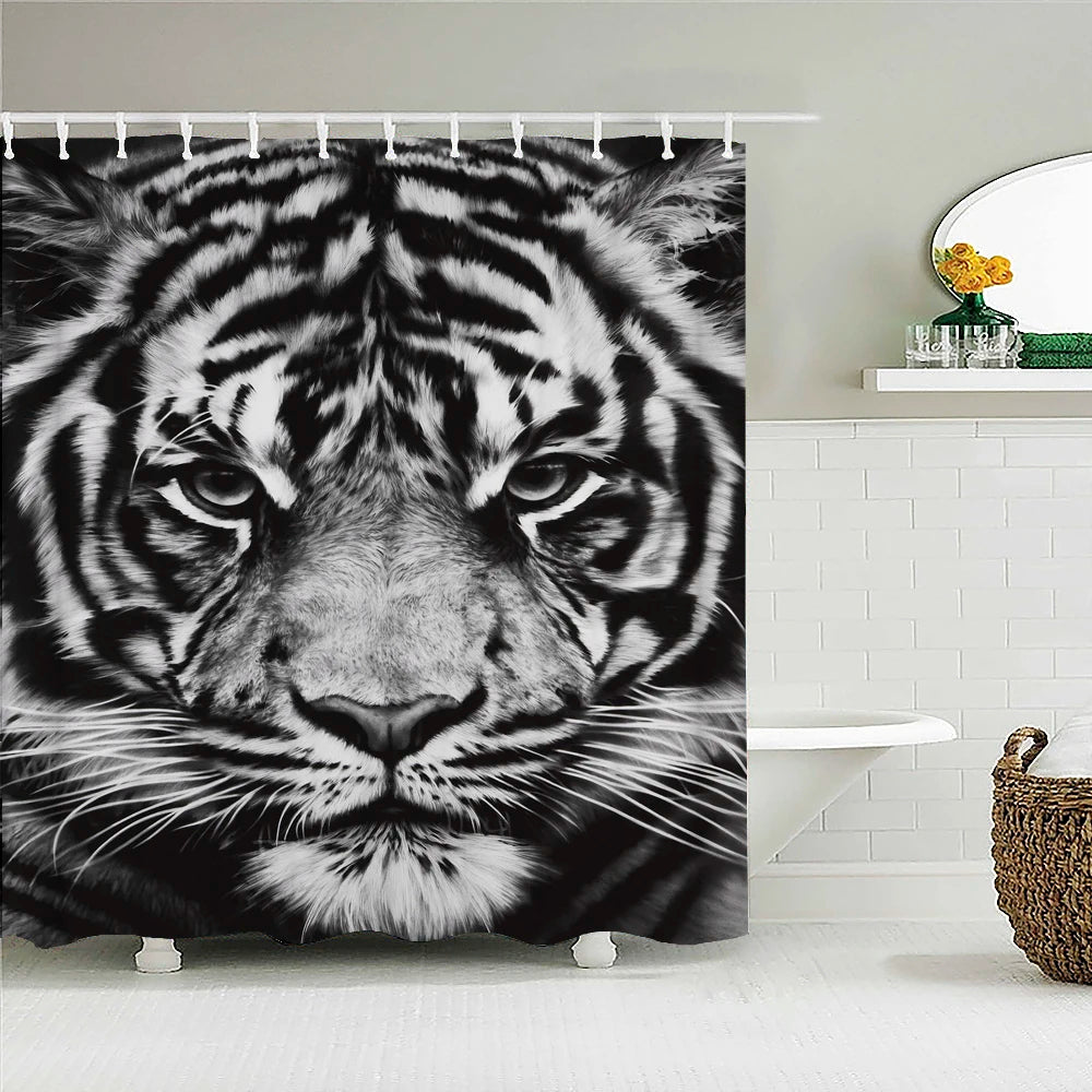 Tende da doccia in tessuto stampato con animali 3D. Tenda da bagno impermeabile con decorazioni con ganci.