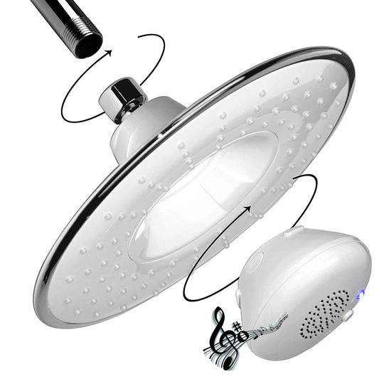Soffione doccia con altoparlante Bluetooth diametro 21.5 cm. Riproduzione musicale wireless, usb.