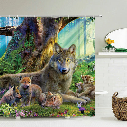 Tende da doccia in tessuto stampato con animali 3D. Tenda da bagno impermeabile con decorazioni con ganci.