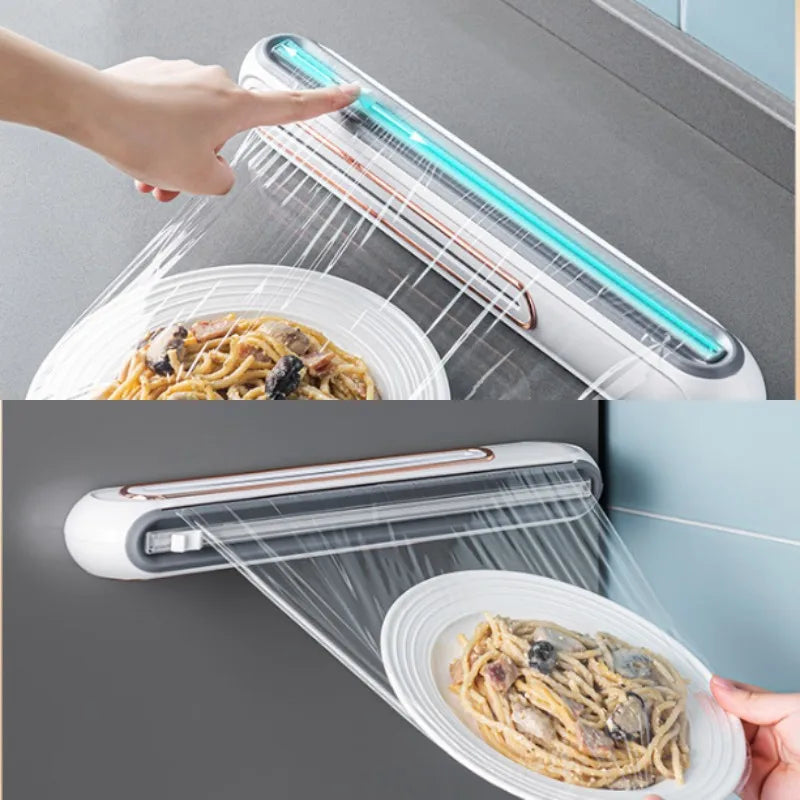 Porta pellicola trasparente per alimenti. Contenitore per pellicola  trasparente con taglierina e magnete per montaggio.