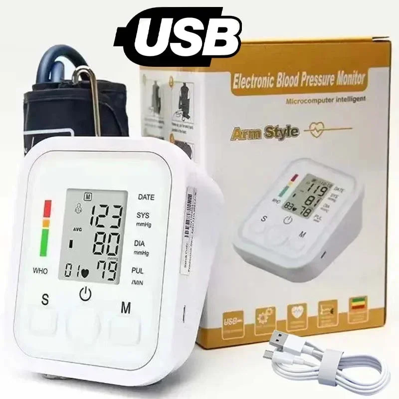 Misuratore di Pressione Portatile da Braccio con Display Digitale e USB-C.