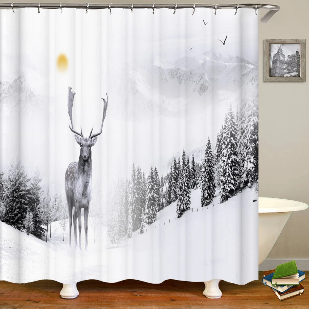 Tende da doccia in tessuto stampato con animali 3D. Tenda da bagno impermeabile con decorazioni con ganci.