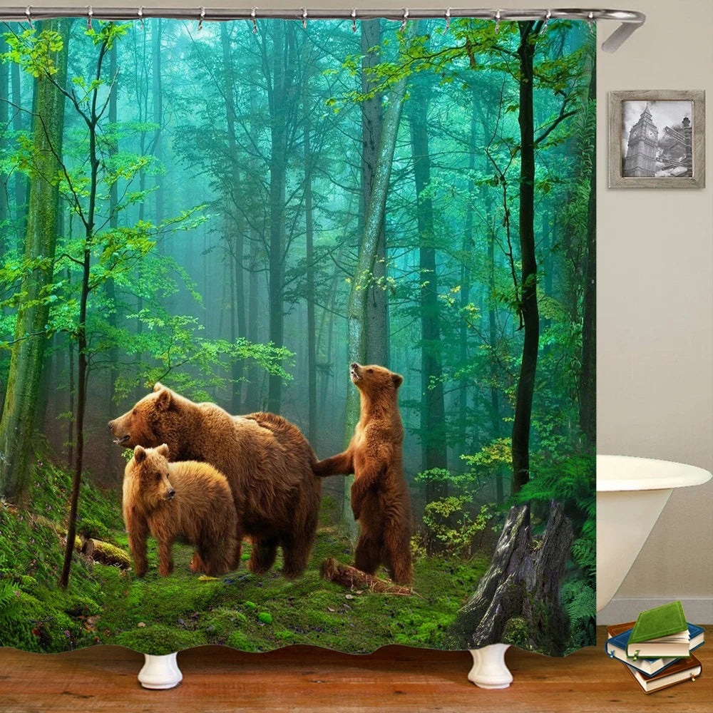 Tende da doccia in tessuto stampato con animali 3D. Tenda da bagno impermeabile con decorazioni con ganci.