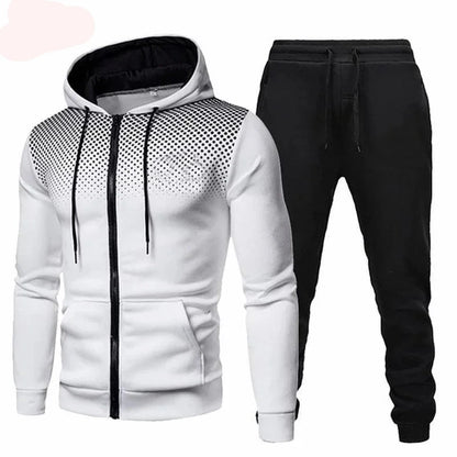 Tuta sportiva, completo due pezzi 4 stagioni: pantaloni neri e maglia 5 colori con cappuccio.