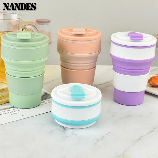 Tazza pieghevole portatile in silicone per uso alimentare da 350ML/500ML con coperchio. Tazza portatile per bevande per viaggi in campeggio all'aperto.