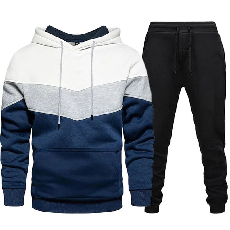 Tuta sportiva da uomo autunno/inverno, completo due pezzi: pantaloni neri e maglia tricolore a righe con cappuccio.